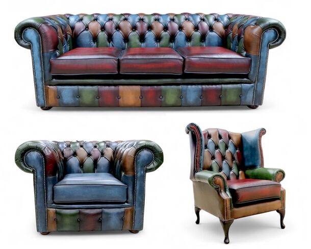 Chesterfield Patchwork Antique 3 Seater + Club Chair + Queen Anne Chair Leather Sofa Suite Offer