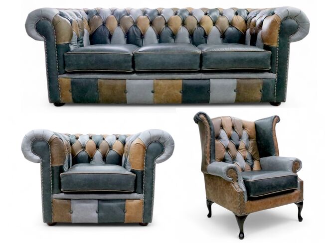 Chesterfield Patchwork 3 Seater + Club Chair + Queen Anne Chair Cracked Wax Leather Sofa Suite Offer