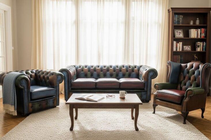 Chesterfield Patchwork Antique 3 Seater + Club Chair + Queen Anne Chair Leather Sofa Suite Offer