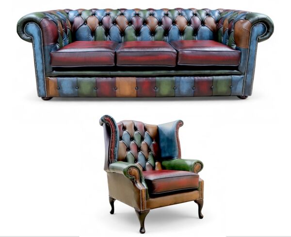 Chesterfield Patchwork Antique 3 Seater Sofa + Queen Anne Chair Leather Sofa Offer