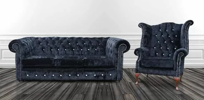 Chesterfield Crystal Diamond 3 Seater+Wing Chair Velvet Sofa Offer