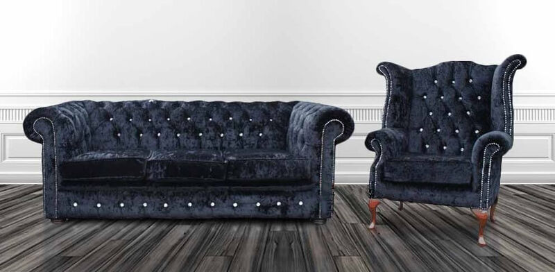 Product photograph of Chesterfield Crystal Diamond 3 Seater Wing Chair Velvet Sofa Offer from Designer Sofas 4U