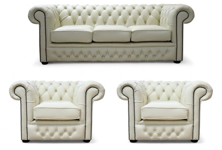 Chesterfield Winchester 3 Seater Sofa + 2 x Club Chairs Leather Sofa Suite Cream