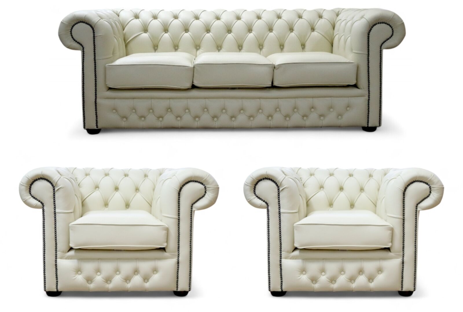 Chesterfield Winchester 3 Seater Sofa + 2 x Club Chairs Leather Sofa Suite Cream
