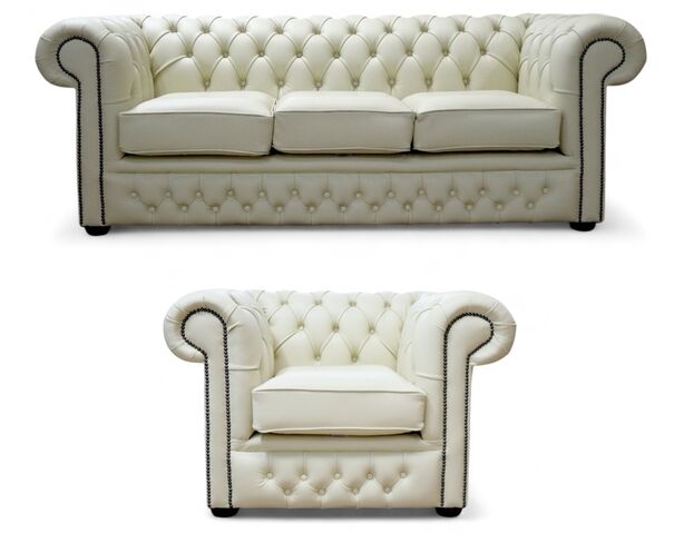 Chesterfield Winchester 3 Seater Sofa + Club Chair Leather Sofa Suite Cream