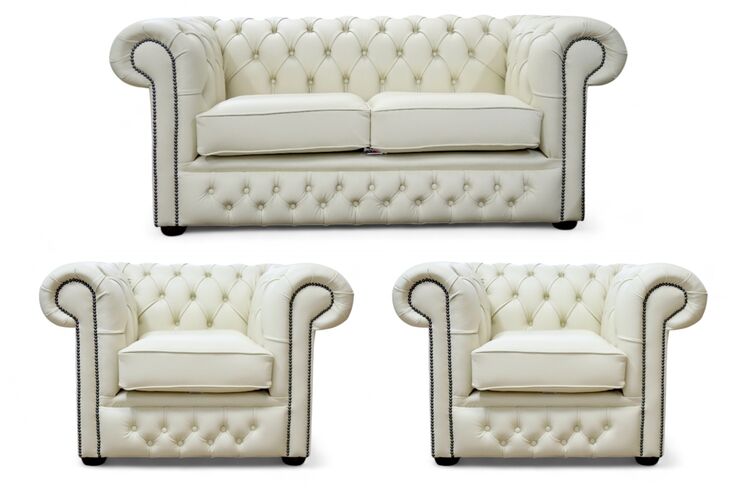 Chesterfield Winchester Leather Sofa Suite - British Made 2 Seater + 2 x Club Chairs Cream