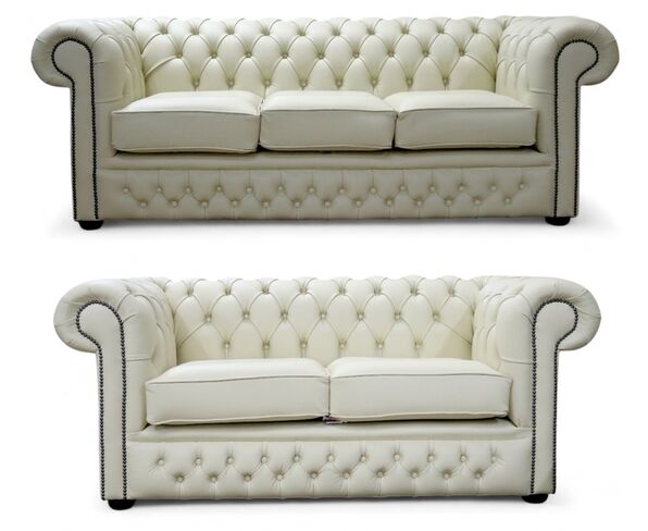 Chesterfield Winchester Leather Sofa Suite - British Made 3+2 Seater Cream