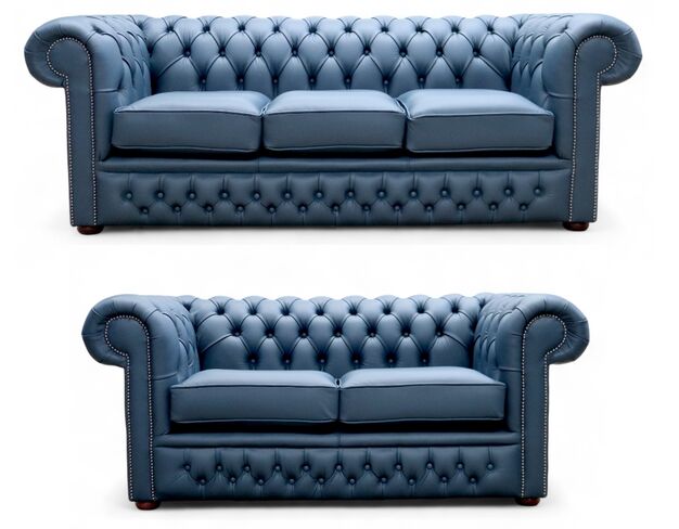 Chesterfield Winchester Leather Sofa Suite - British Made 3+2 Seater Suffolk Blue