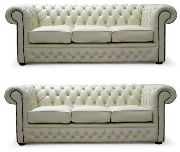 Chesterfield Winchester Leather Sofa Suite - British Made 3+3 Seater Cream