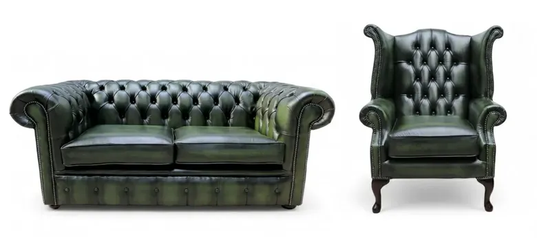 Leather Chesterfield Suite Antique Green | Handmade in UK |DesignerSofas4U