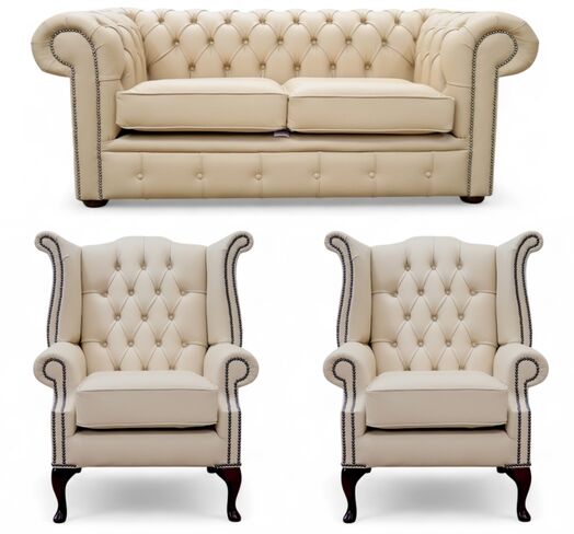 Luxury Ivory Chesterfield Leather Sofa Suite – 2-Seater Sofa + 2 Queen Anne Armchairs