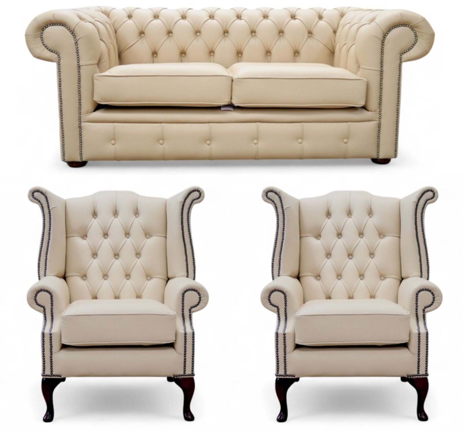 Luxury Ivory Chesterfield Leather Sofa Suite 2-Seater Sofa + 2 Queen Anne Armchairs