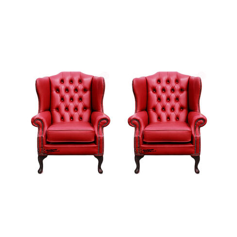 Chesterfield 2 x Mallory Wing Chairs Old English Gamay Red Leather Sofa Offer