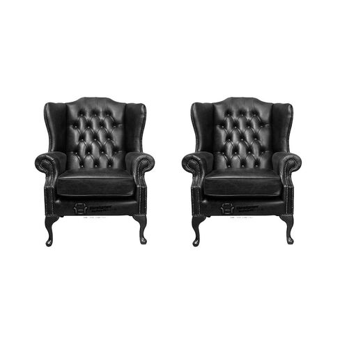 Chesterfield 2 x Mallory Wing Chairs Old English Black Leather Sofa Offer