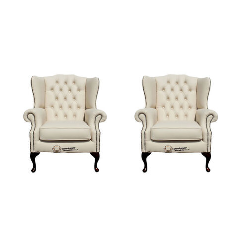 Chesterfield 2 x Mallory Wing Chair Leather Sofa Suite Offer Cottonseed Cream