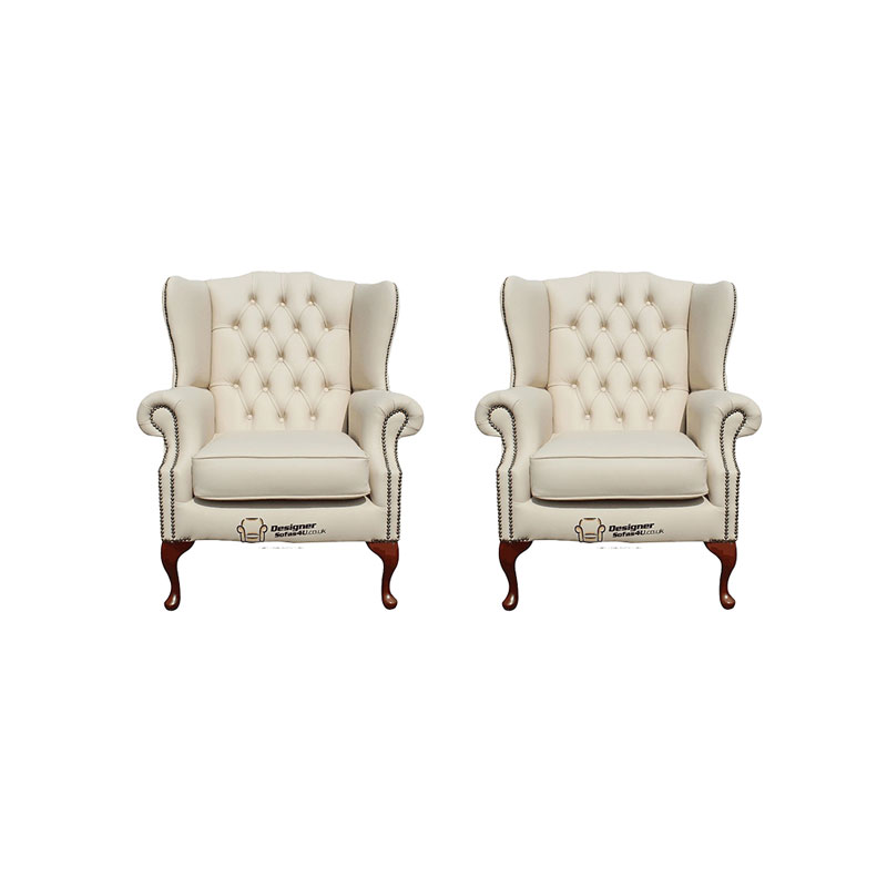 Product photograph of Chesterfield 2 X Mallory Wing Chair Leather Sofa Suite Offer Ivory from Designer Sofas 4U