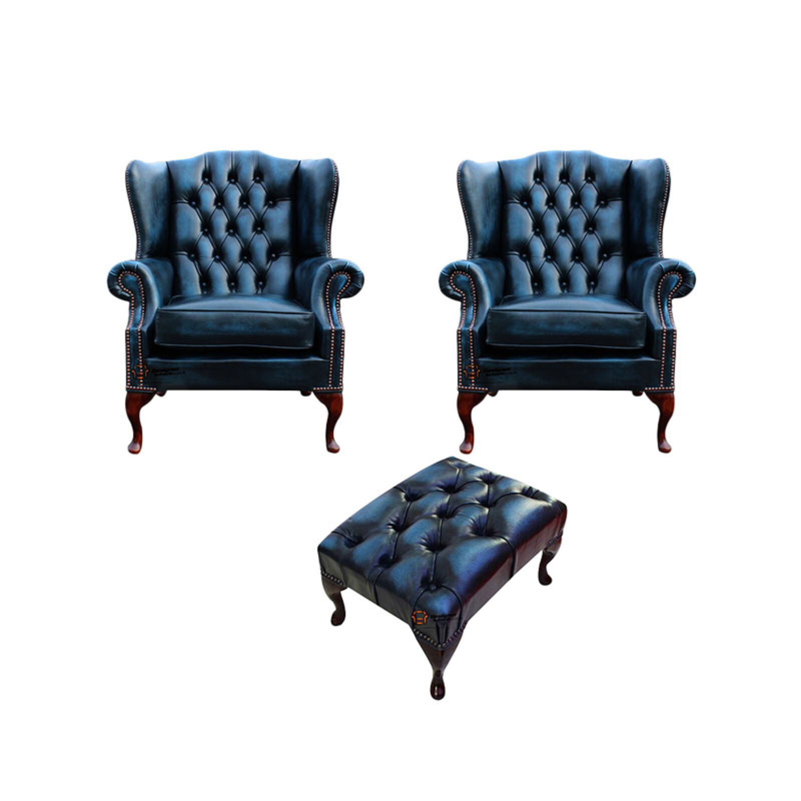 Product photograph of Chesterfield 2 X Mallory Wing Chair Footstool Leather Sofa Suite Offer Antique Blue from Designer Sofas 4U