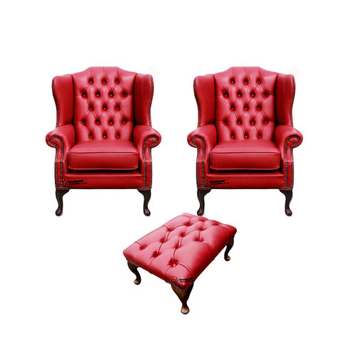 Chesterfield 2 x Mallory Wing Chairs + Footstool Old English Gamay Red Leather Sofa Offer