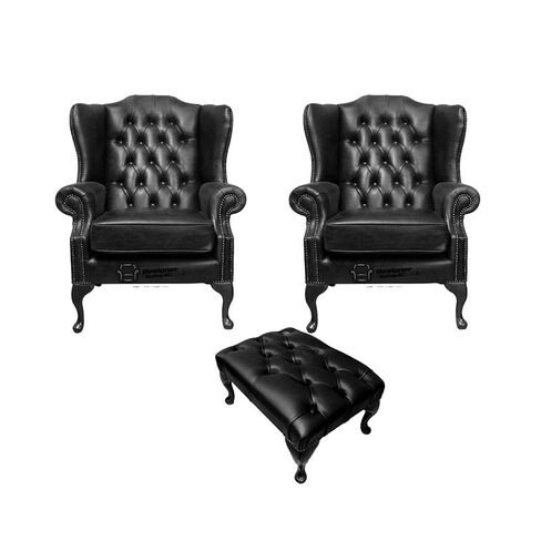 Chesterfield 2 x Mallory Wing Chairs + Footstool Old English Black Leather Sofa Offer