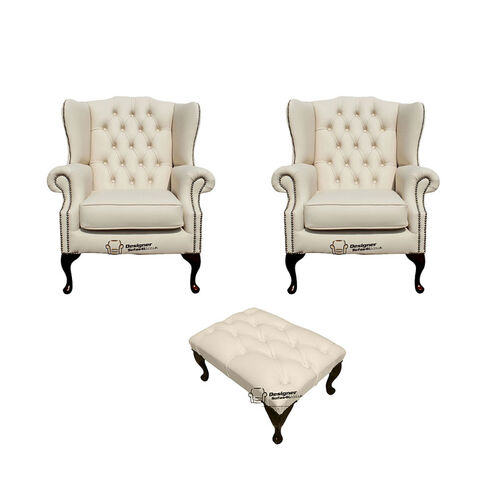 Chesterfield 2 x Mallory Wing Chair + Footstool Leather Sofa Suite Offer Cottonseed Cream