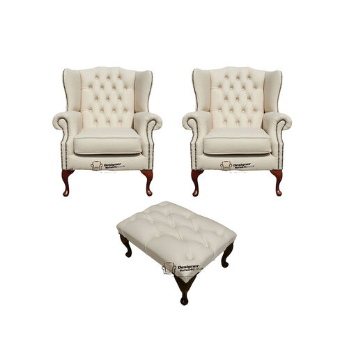 Chesterfield 2 x Mallory Wing Chair + Footstool Leather Sofa Suite Offer Ivory