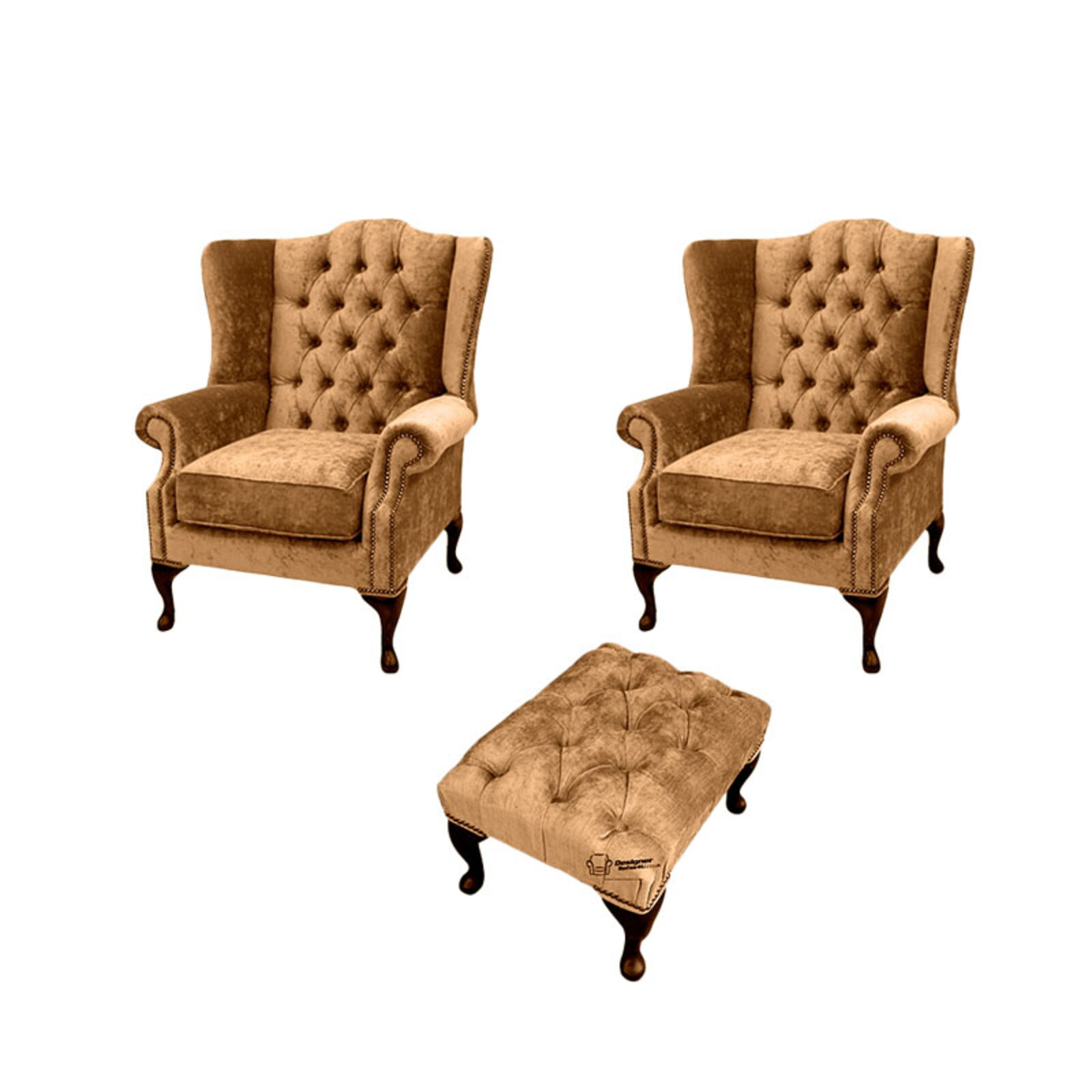 Product photograph of Chesterfield 2 X Mallory Wing Chairs Footstool Harmony Gold Velvet Sofa Suite Offer from Designer Sofas 4U