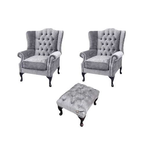 Chesterfield 2 x Mallory Wing chairs + Footstool Perla Illusions Velvet Sofa Suite Offer