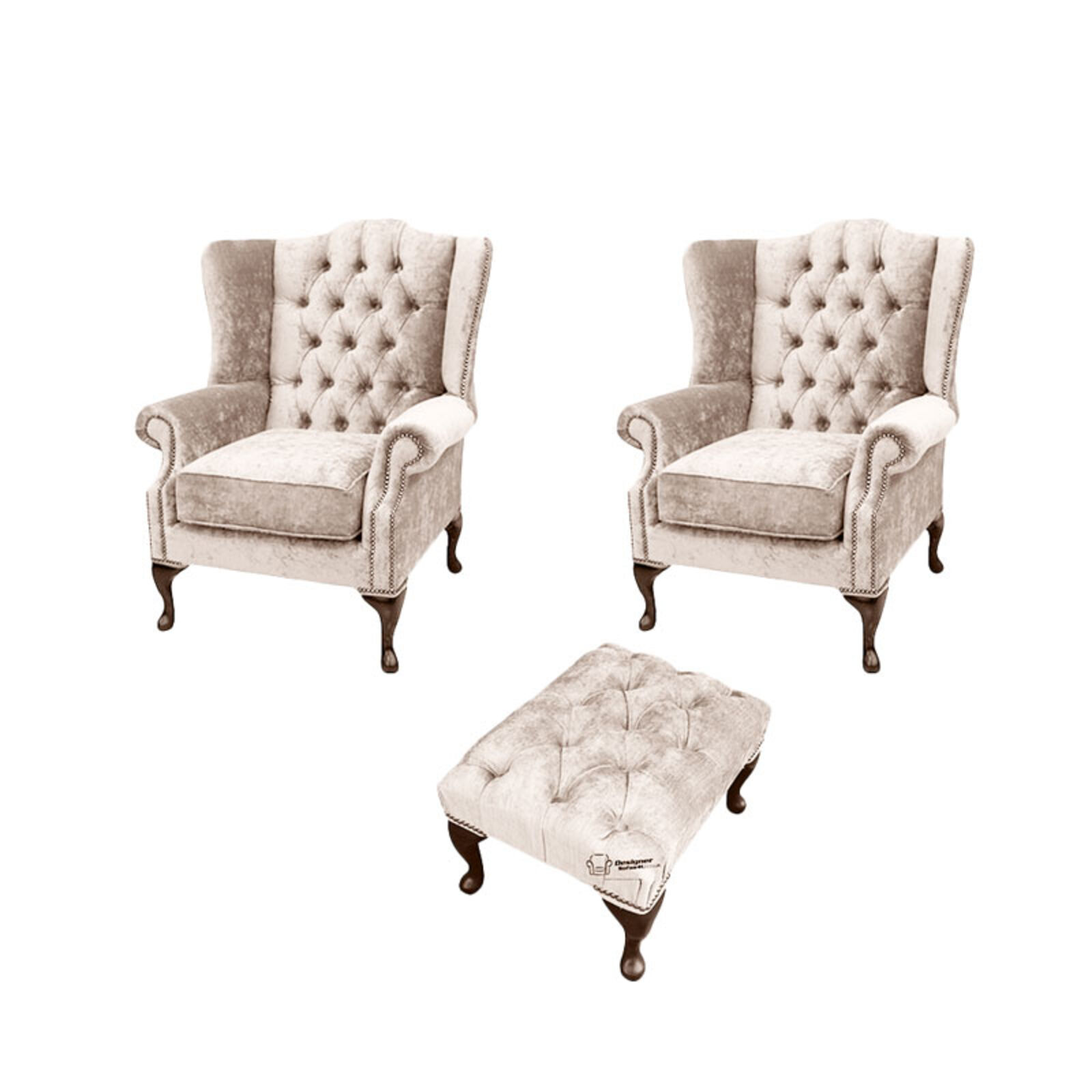 Product photograph of Chesterfield 2 X Mallory Wing Chairs Footstool Harmony Ivory Velvet Sofa Suite Offer from Designer Sofas 4U