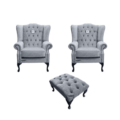 Chesterfield 2 x Mallory Wing chairs + Footstool Verity Plain Steel Fabric Sofa Suite Offer