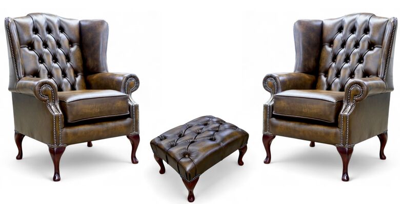 Pair Of Bloomsbury Queen Anne Wingback Armchairs + Footstool Antique Gold Leather