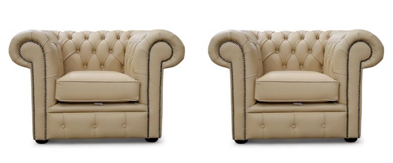 Pair Of Chesterfield Club Chairs Ivory Leather Low Back