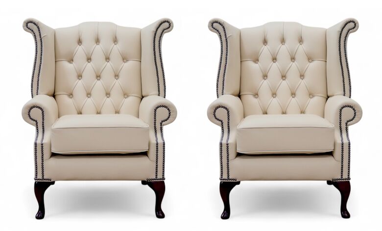 Pair Of Chesterfield Queen Anne Chairs Ivory Leather