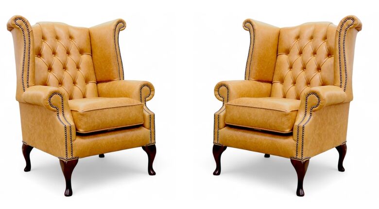 Pair Of Chesterfield Queen Anne Chairs Old English Tan Leather Armchairs