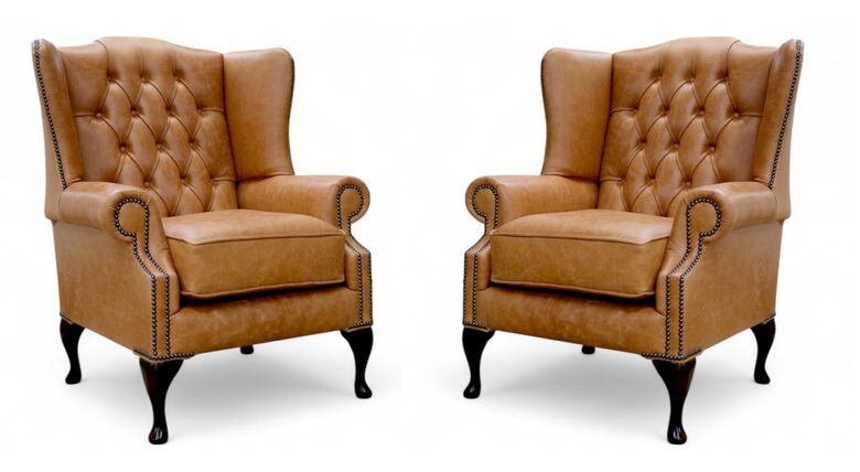 Pair Of Mallory Queen Anne High Back Wing Chairs Old English Tan Leather