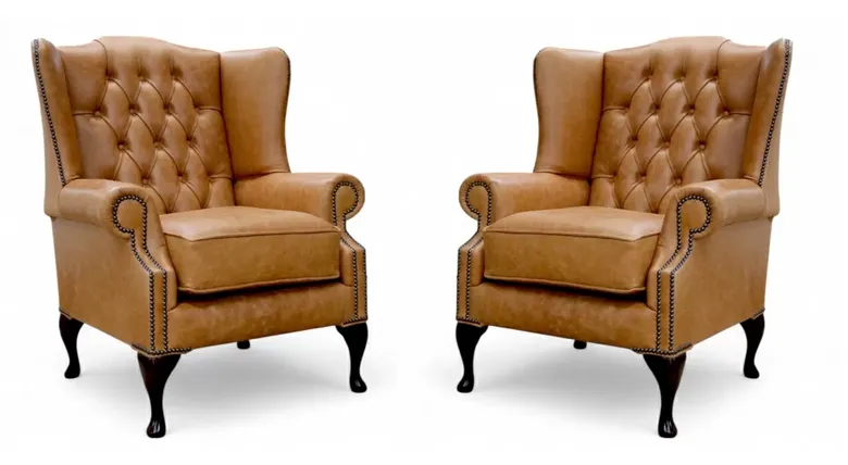 Pair Of Mallory Queen Anne High Back Wing Chairs Old English Tan Leather