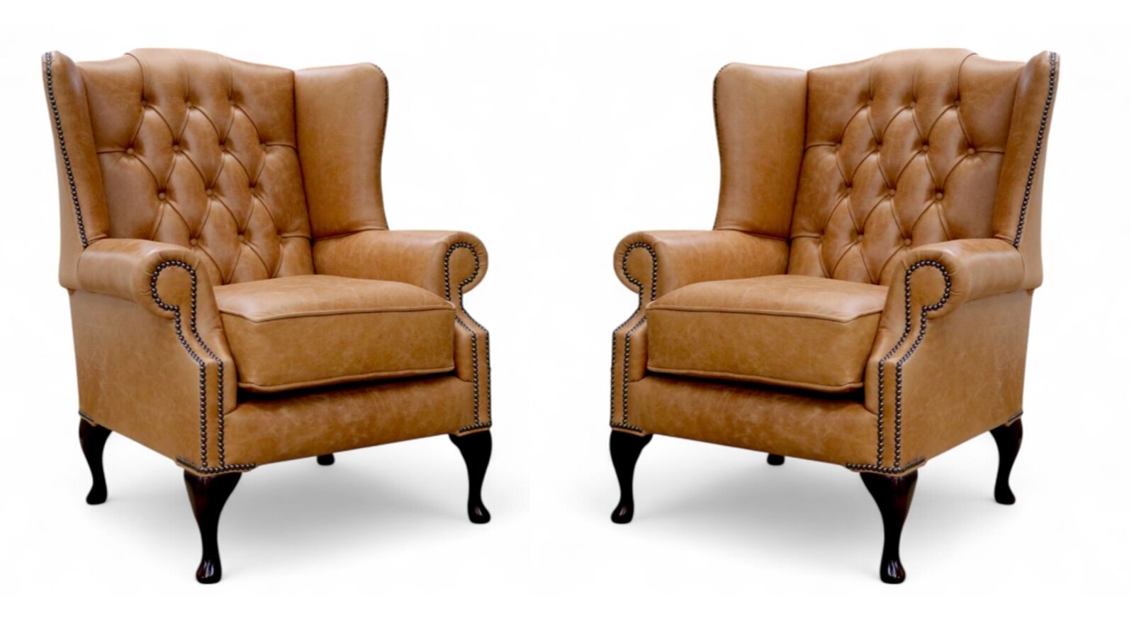 Pair Of Mallory Queen Anne High Back Wing Chairs Old English Tan Leather