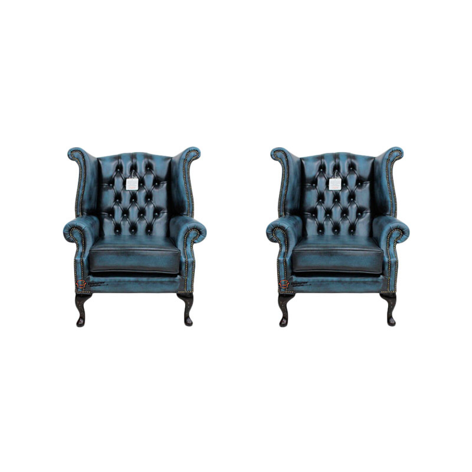 Product photograph of Chesterfield 2 X Queen Anne Chairs Leather Sofa Suite Offer Antique Blue from Designer Sofas 4U