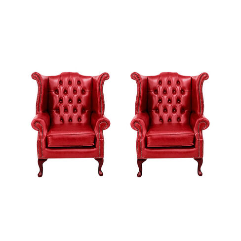 Chesterfield 2 x Queen Anne Chairs Old English Gamay Red Leather Sofa Offer
