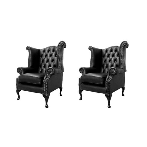 Chesterfield 2 x Queen Anne Chairs Old English Black Leather Sofa Offer