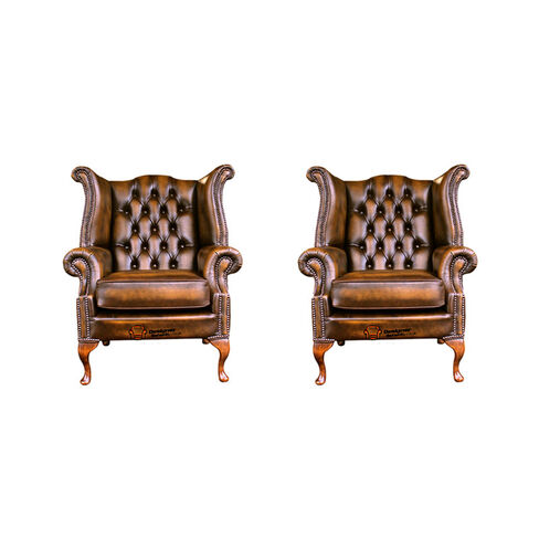 Chesterfield 2 x Queen anne Chairs Leather Sofa Suite Offer Antique Gold