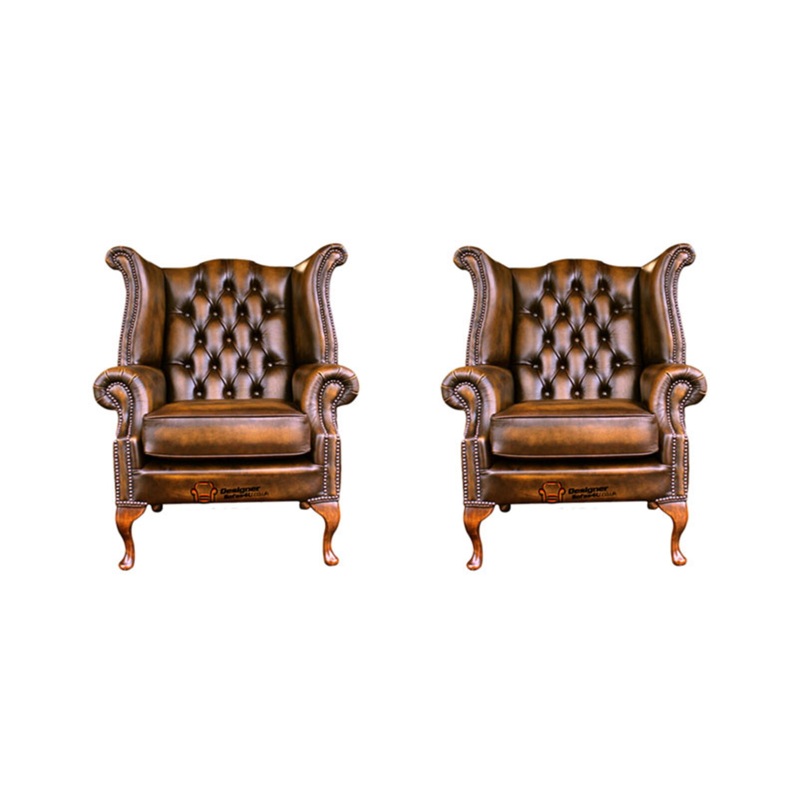 Product photograph of Chesterfield 2 X Queen Anne Chairs Leather Sofa Suite Offer Antique Gold from Designer Sofas 4U
