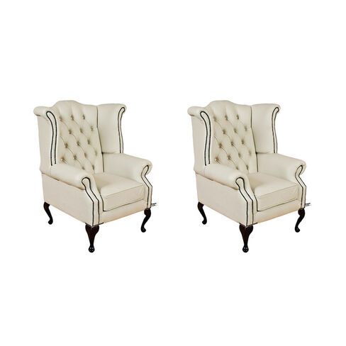 Chesterfield 2 x Queen anne Chairs Leather Sofa Suite Offer Cottonseed Cream