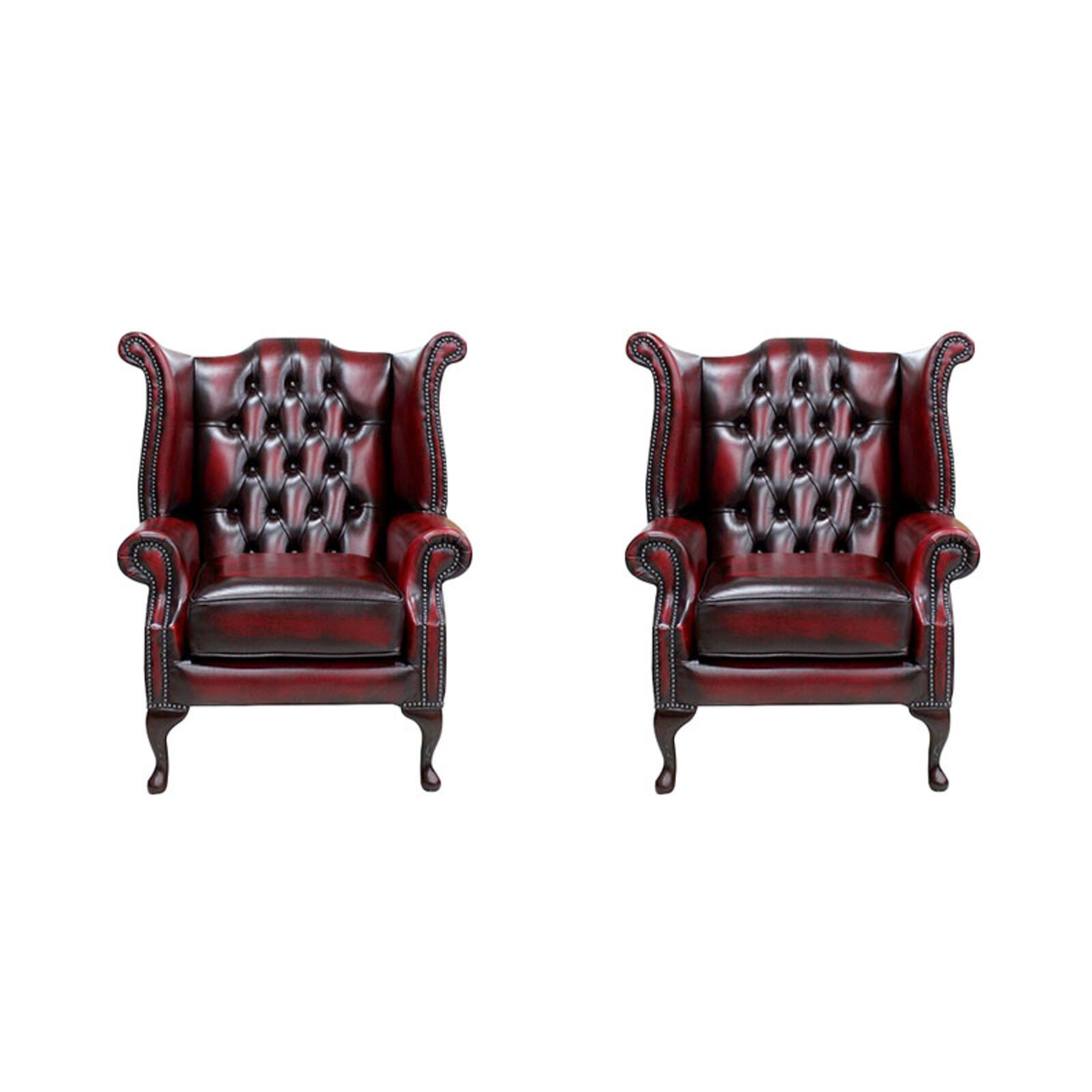 Product photograph of Chesterfield 2 X Queen Anne Chairs Sofa Suite Antique Oxblood Red Real Leather from Designer Sofas 4U