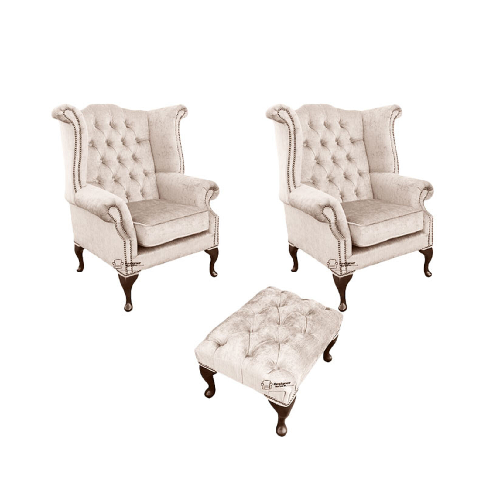 Product photograph of Chesterfield 2 X Queen Anne Chairs Footstool Harmony Ivory Velvet Sofa Suite Offer from Designer Sofas 4U