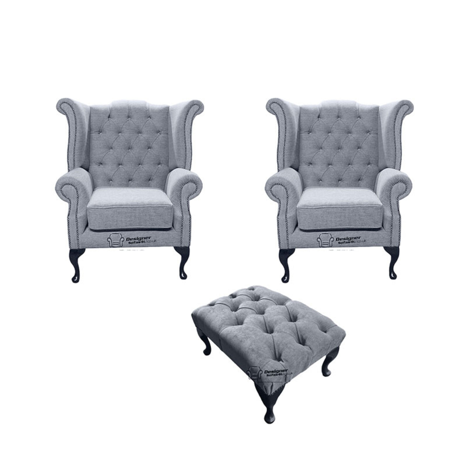 Product photograph of Chesterfield 2 X Queen Anne Chairs Footstool Verity Plain Steel Fabric Sofa Suite Offer from Designer Sofas 4U
