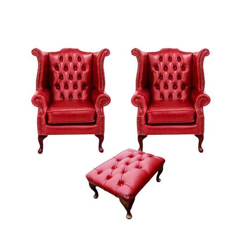 Chesterfield 2 x Queen Anne Chairs + Footstool Old English Gamay Red Leather Sofa Offer