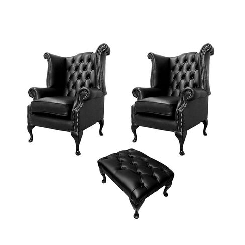 Chesterfield 2 x Queen Anne Chairs + Footstool Old English Black Leather Sofa Offer