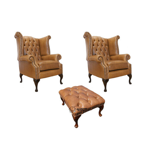 Chesterfield 2 x Queen Anne Chairs + Footstool Old English Tan Leather Sofa Offer