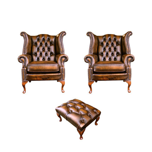 Chesterfield 2 x Queen Anne Chairs+Footstool Leather Sofa Suite Offer Antique Gold