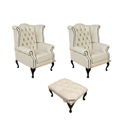 Chesterfield 2 x Queen anne Chairs+footstool Leather Sofa Suite Offer Cottonseed Cream
